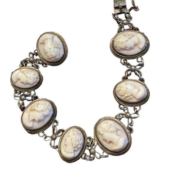 Antique art deco Carved cameo 800 silver shell link bracelet - Picture 3 of 7